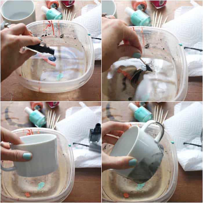 Процесс изготовления мраморных кружек с помощью лака для ногтей
